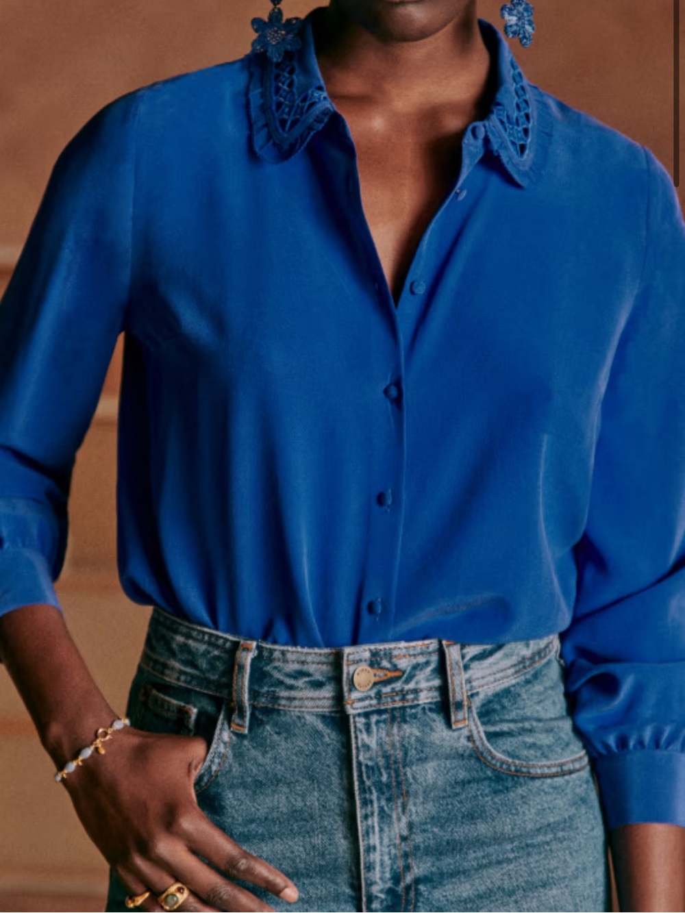 Sézane Suzanne Flash Blue 100% Silk Ruffle Embroidered Shirt FR 34 US 2